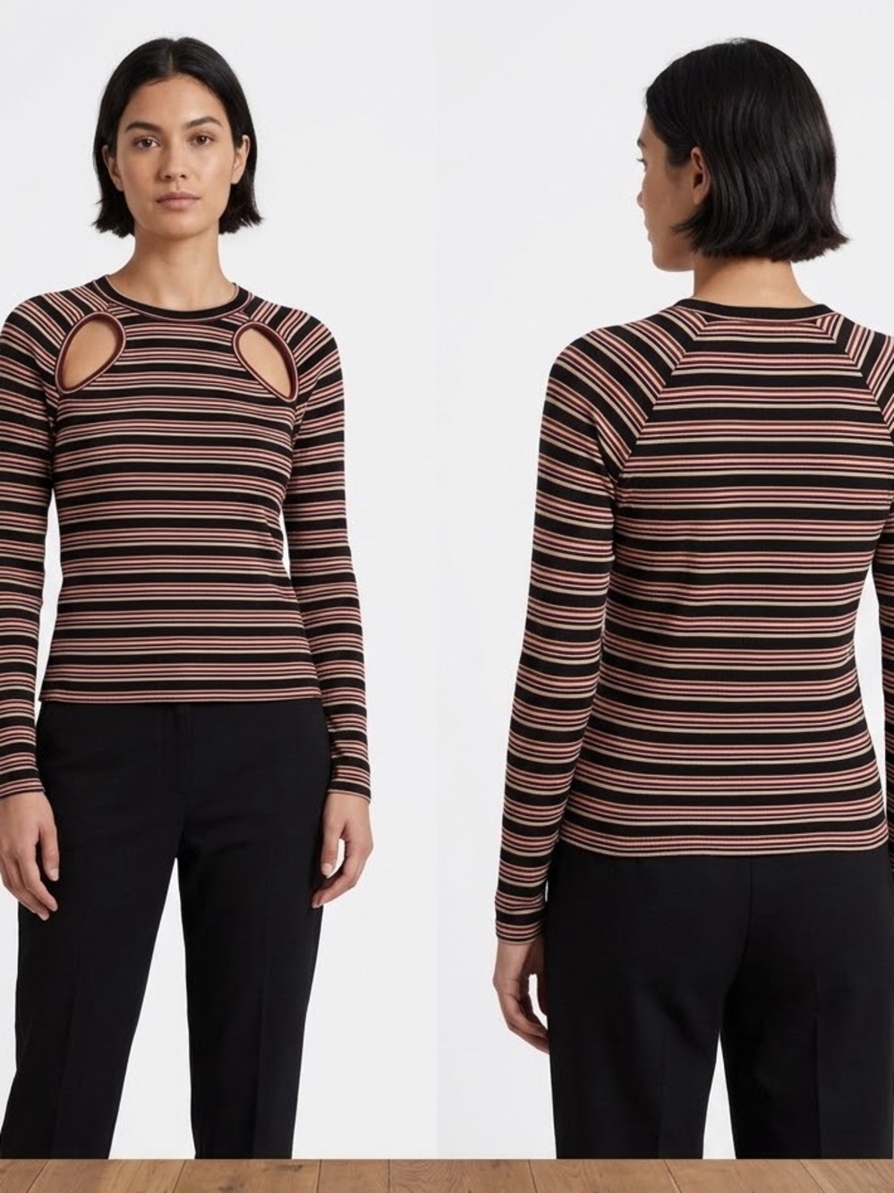 Walter Baker Black and Pink Striped Long-Sleeve Cutout Top